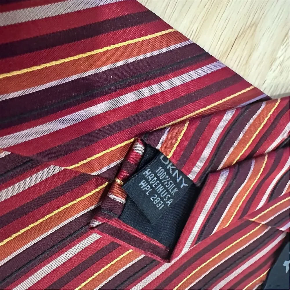 DKNY Men's‎ Striped Silk Tie Red Orange Burgundy Classic Length
